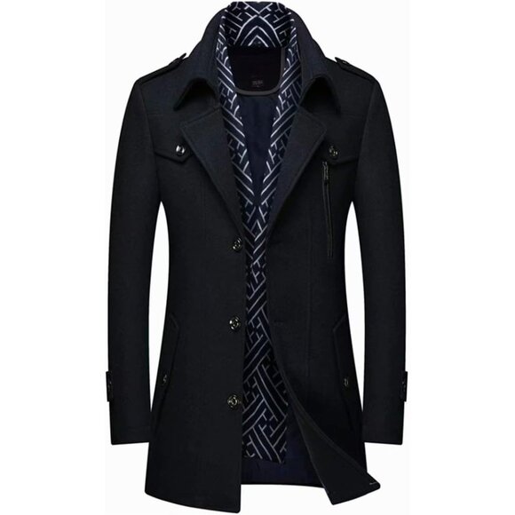 Men's Black 1 Wool Blend Coat Warm Winter Trench Coat With Detachable Soft Scarf - Picture 1 of 6